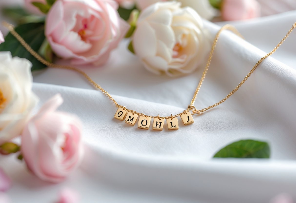 Close-up of a gold necklace with multiple initial pendants on a soft white fabric, surrounded by pink and white flowers.