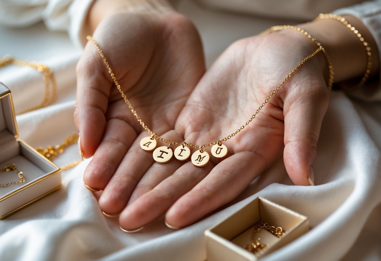 A close-up of a woman's hands holding a gold necklace with multiple initial charms on a white fabric background, next to an open jewelry box.