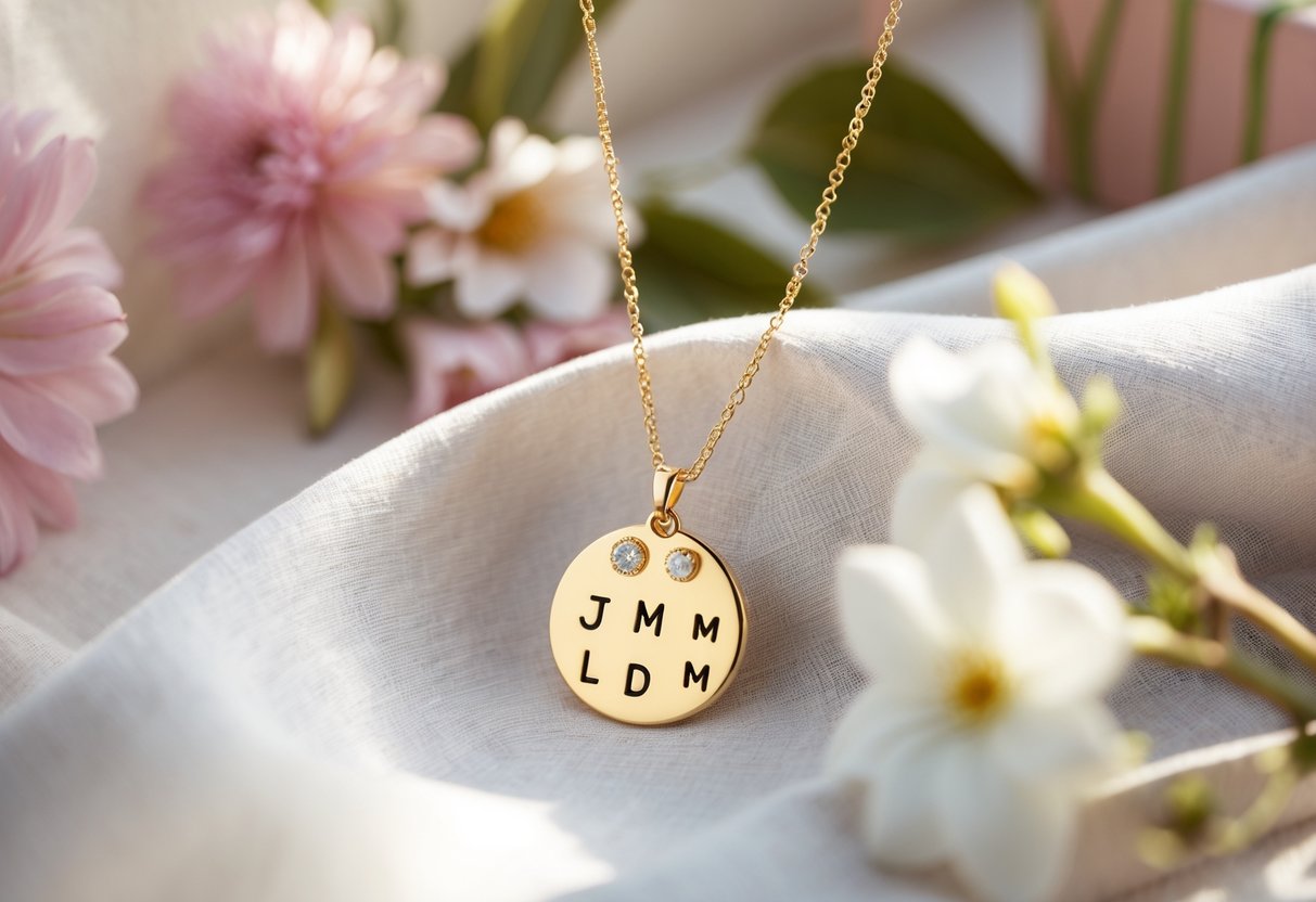 Close-up of a gold necklace with multiple initial charms on a soft fabric, surrounded by flowers and a gift box.