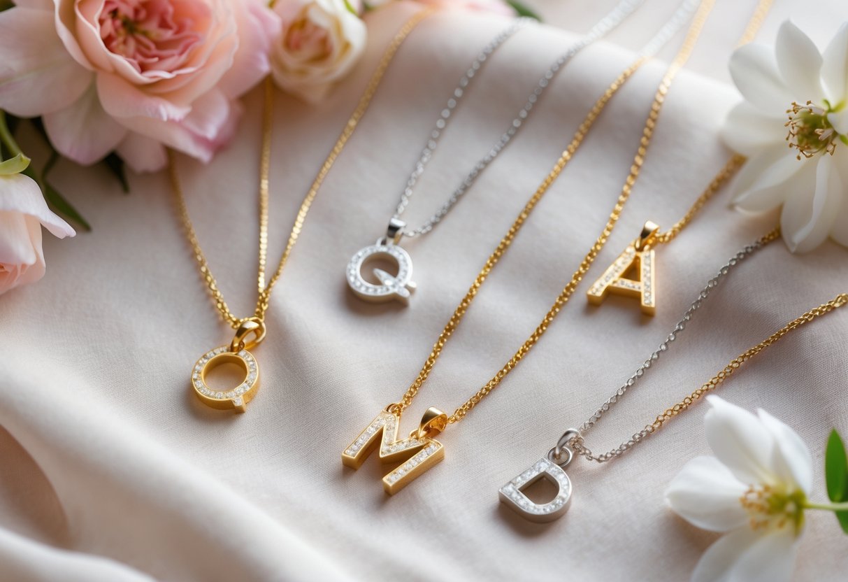 Close-up of gold and silver initial jewelry pieces displayed on fabric with soft pink and white flowers around them.