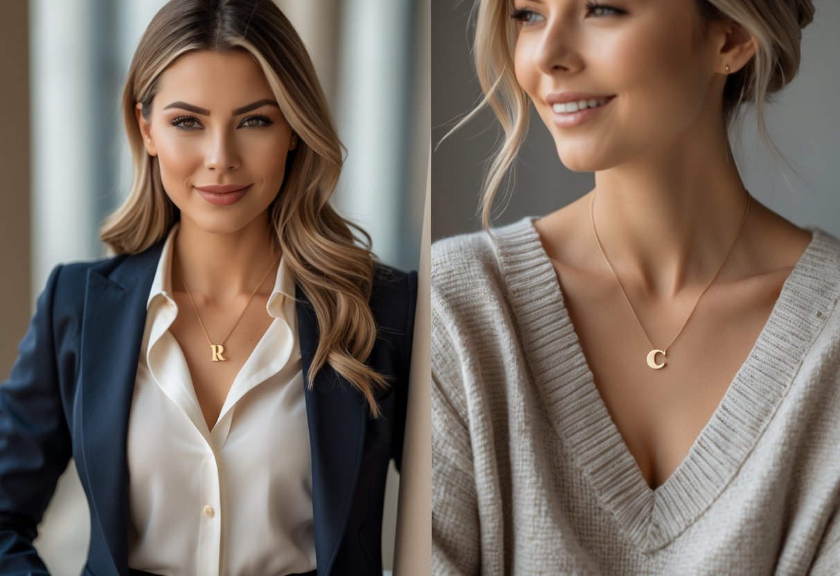 A woman wearing an initial necklace in two outfits: a work blazer and a casual sweater, showing the necklace's versatility.
