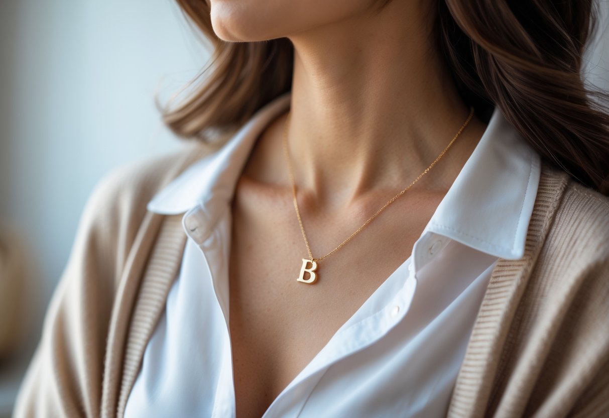 Close-up of a woman wearing a gold initial necklace with a white blouse and cardigan.