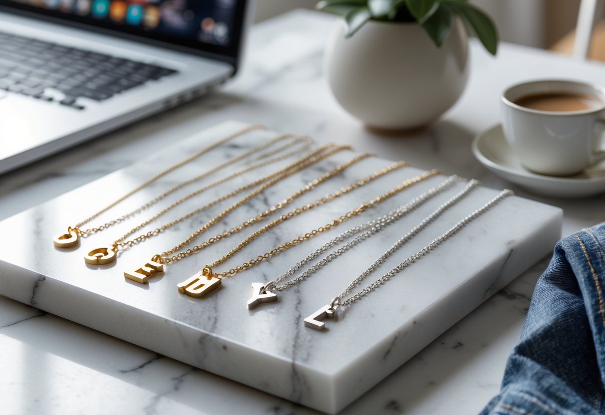Close-up view of several initial necklaces displayed on a white surface with a blurred background showing a workspace and casual items.