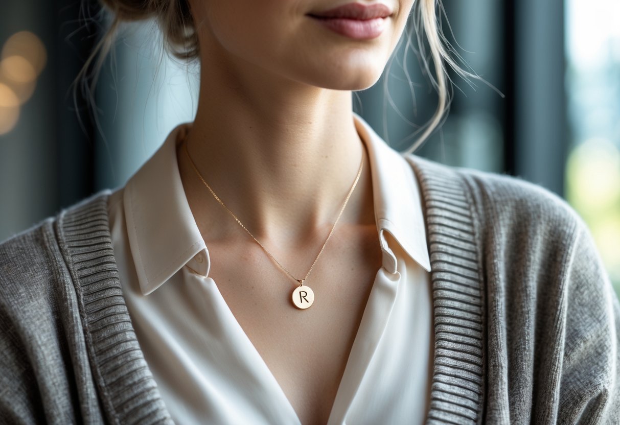 Close-up of a woman wearing a delicate initial necklace with a polished metal pendant, dressed in versatile clothing suitable for work and casual wear.