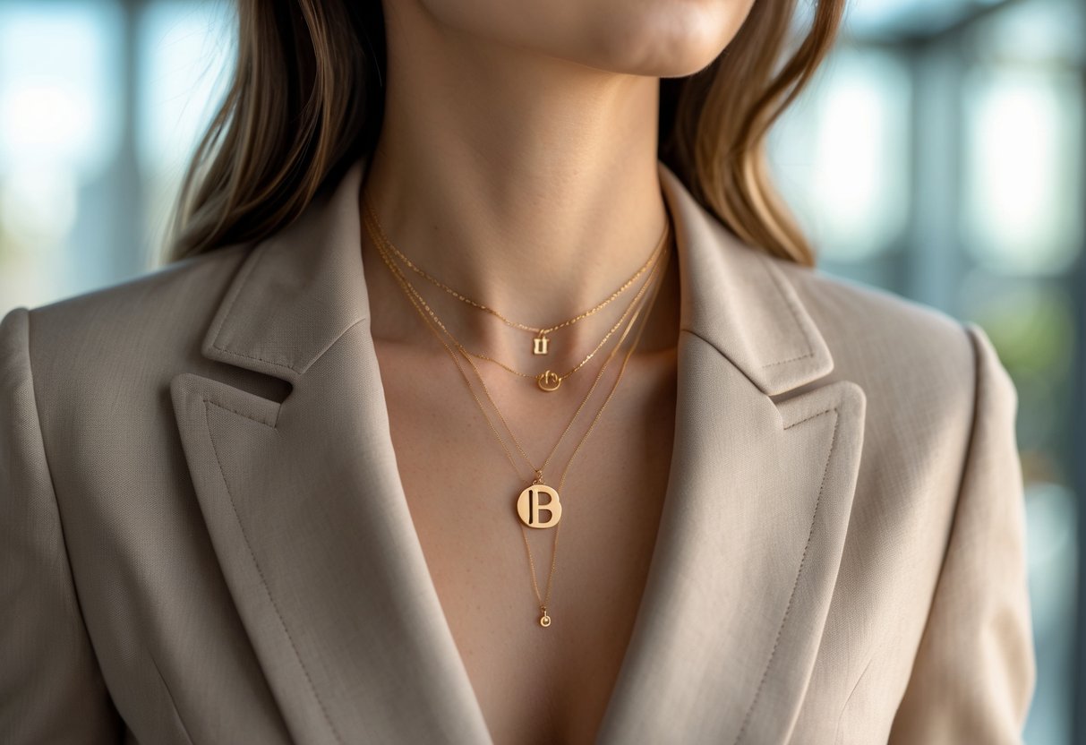 Close-up of a woman wearing a gold initial necklace layered with other jewelry, dressed in professional work clothing in an office setting.