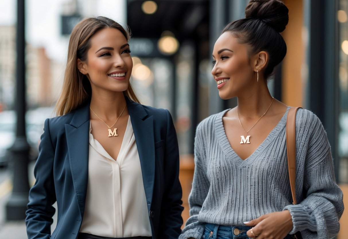 Two women wearing initial necklaces, one in workwear and one in casual clothes, standing and smiling outdoors near a café.