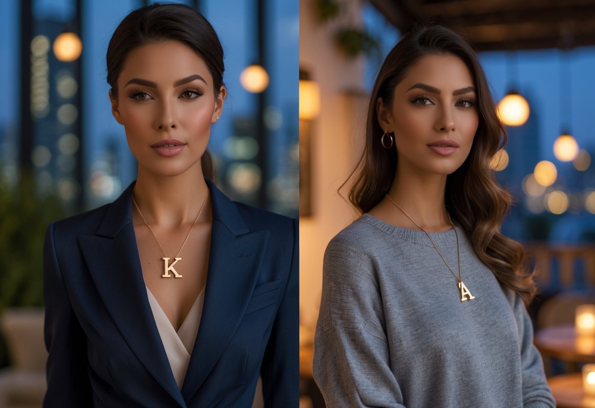 A woman wearing an initial necklace shown in two outfits, one professional and one casual, in an evening setting.
