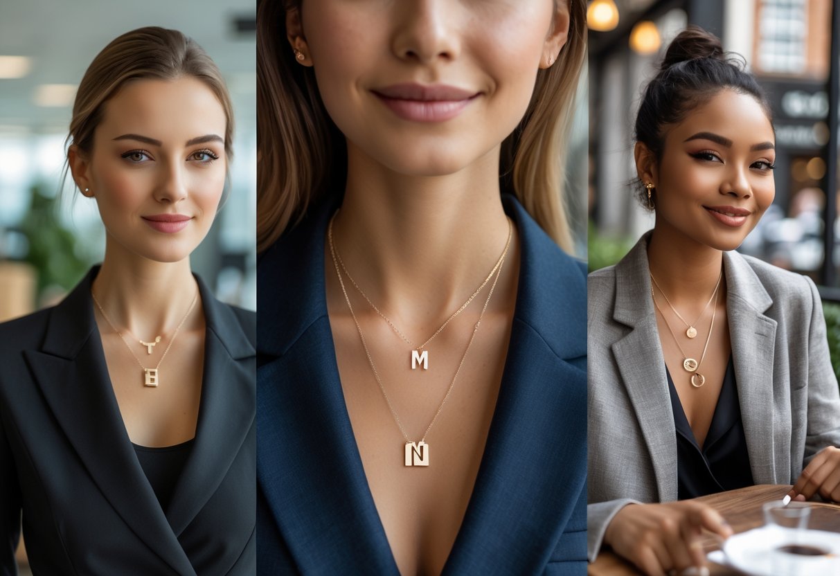 Close-up of diverse people wearing initial necklaces in work and casual settings, showing their versatility.