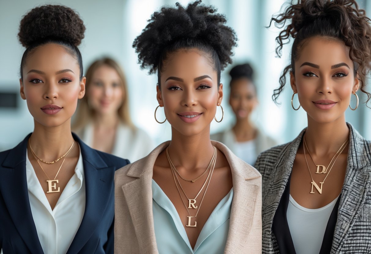 Three women wearing different initial necklaces styled with workwear and casual outfits in a bright indoor setting.