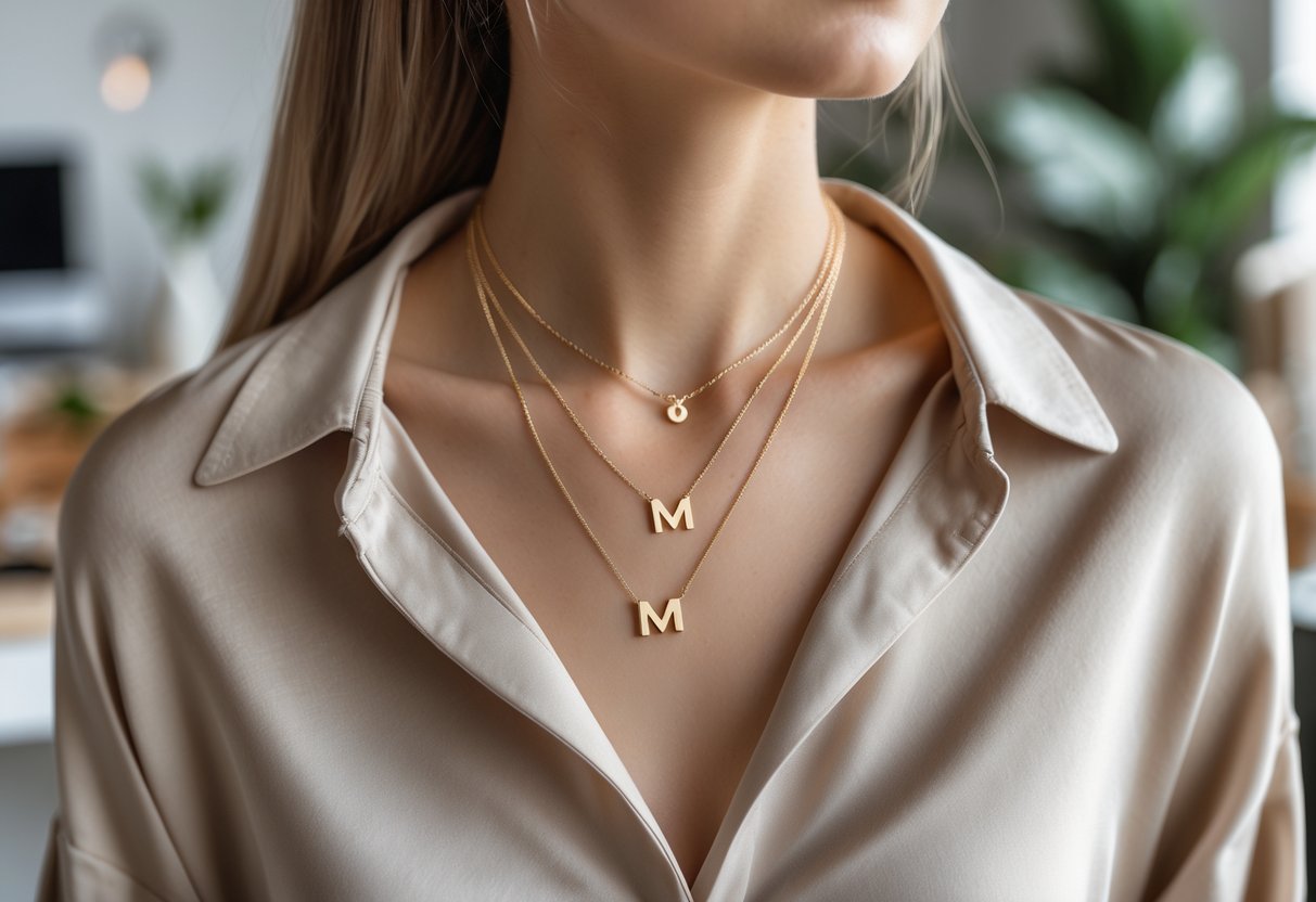 Close-up of a woman's neck wearing layered initial necklaces with a neutral blouse, set against a softly blurred indoor background.