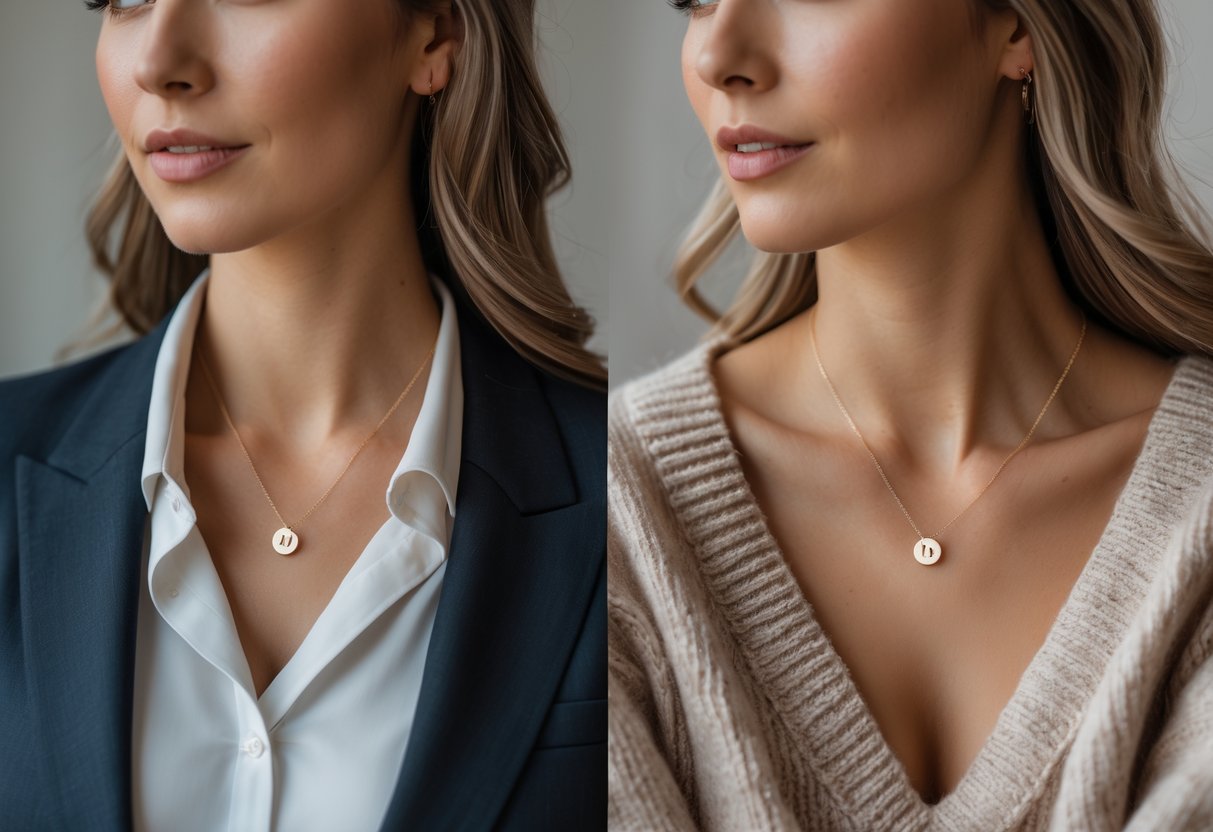 A woman wearing an initial necklace styled with both a work outfit and a casual weekend outfit, showing the necklace's versatility.