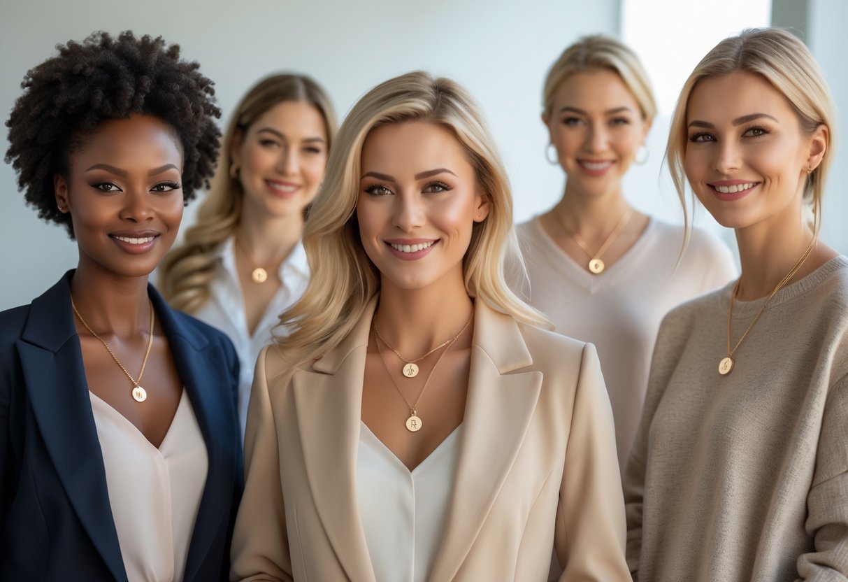 Three women wearing initial necklaces, one in work clothes and two in casual outfits, standing in a bright modern space.