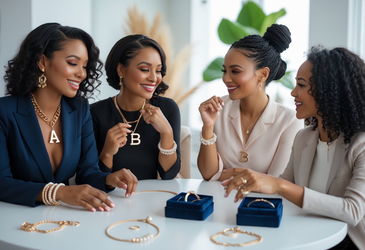 Four women sitting around a table, each wearing different styles of initial jewelry and smiling as they admire the pieces.