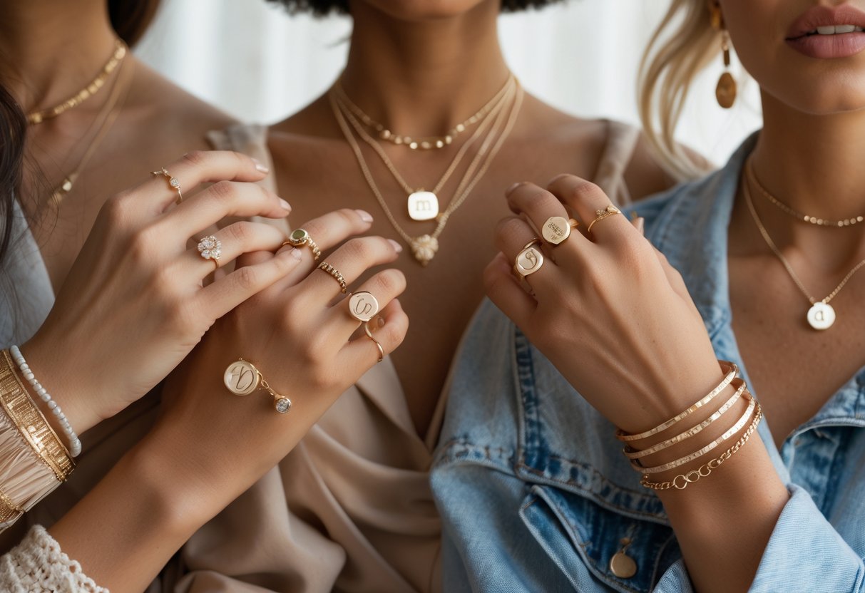 Close-up of diverse people wearing different styles of initial jewelry like necklaces, rings, and bracelets, each reflecting their unique personality.