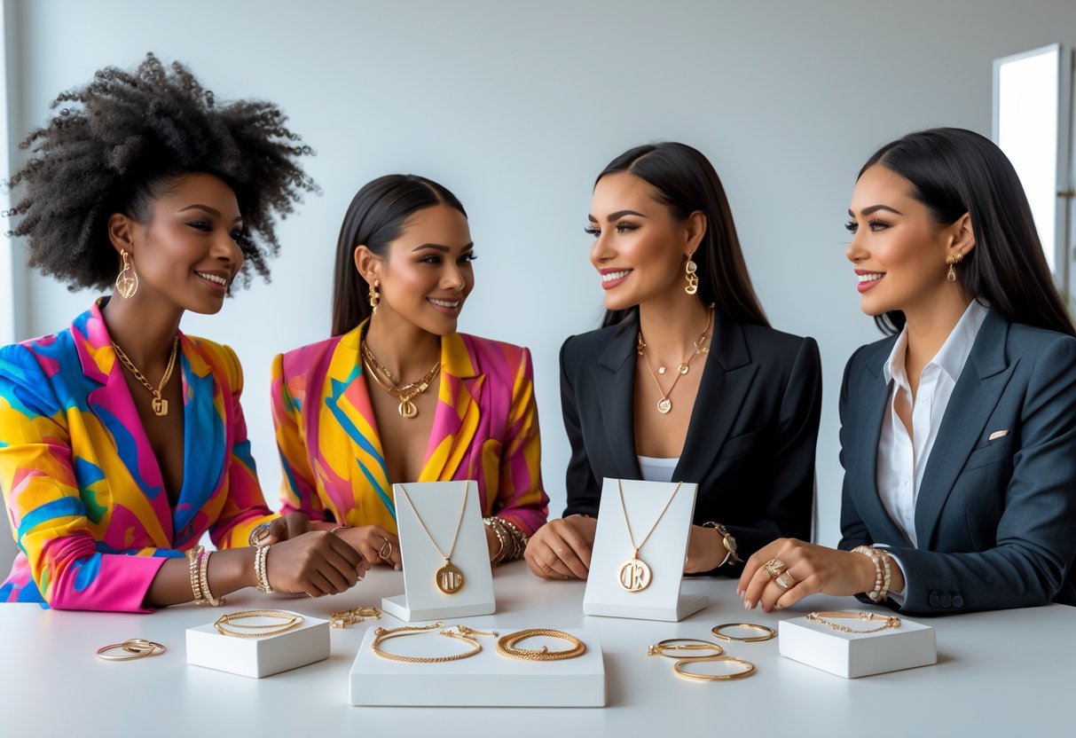 Four women with different styles sitting around a table examining various pieces of initial jewelry displayed on stands.