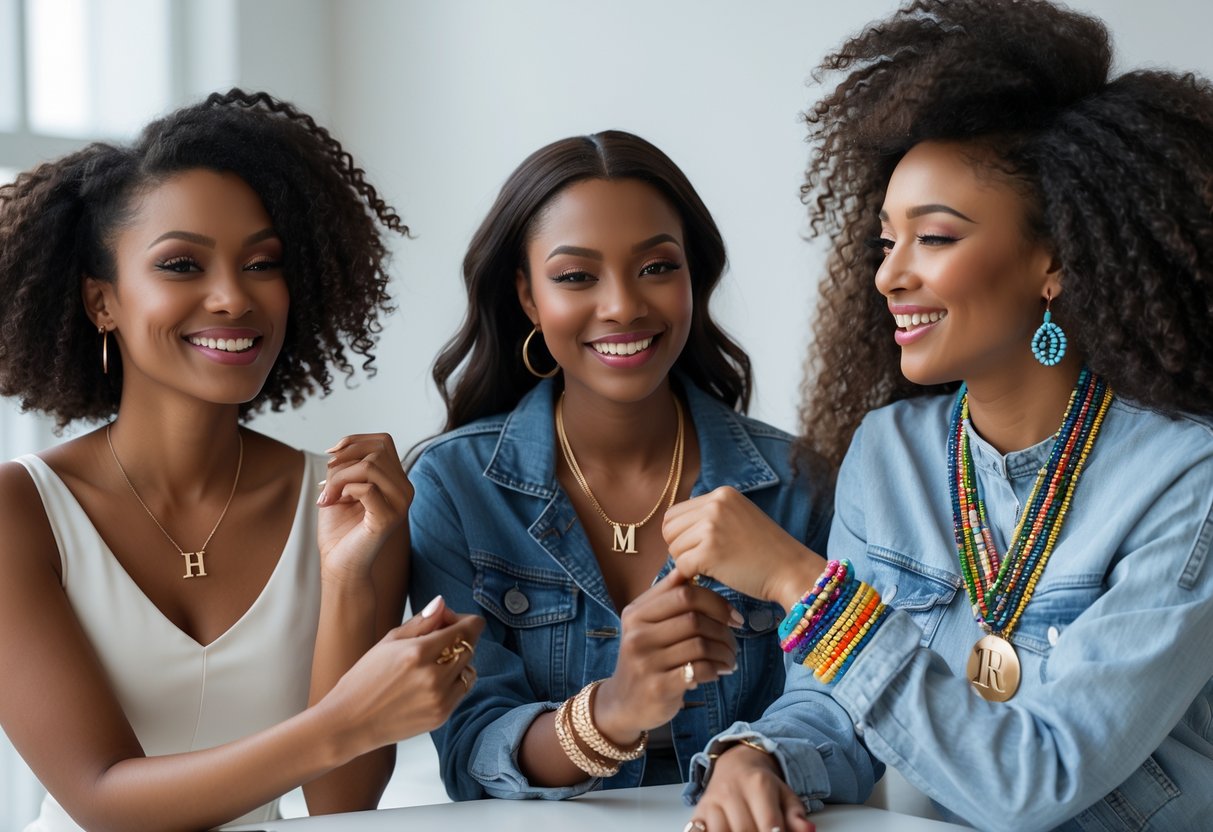 A group of women wearing different styles of initial jewelry, smiling and interacting in a bright studio.