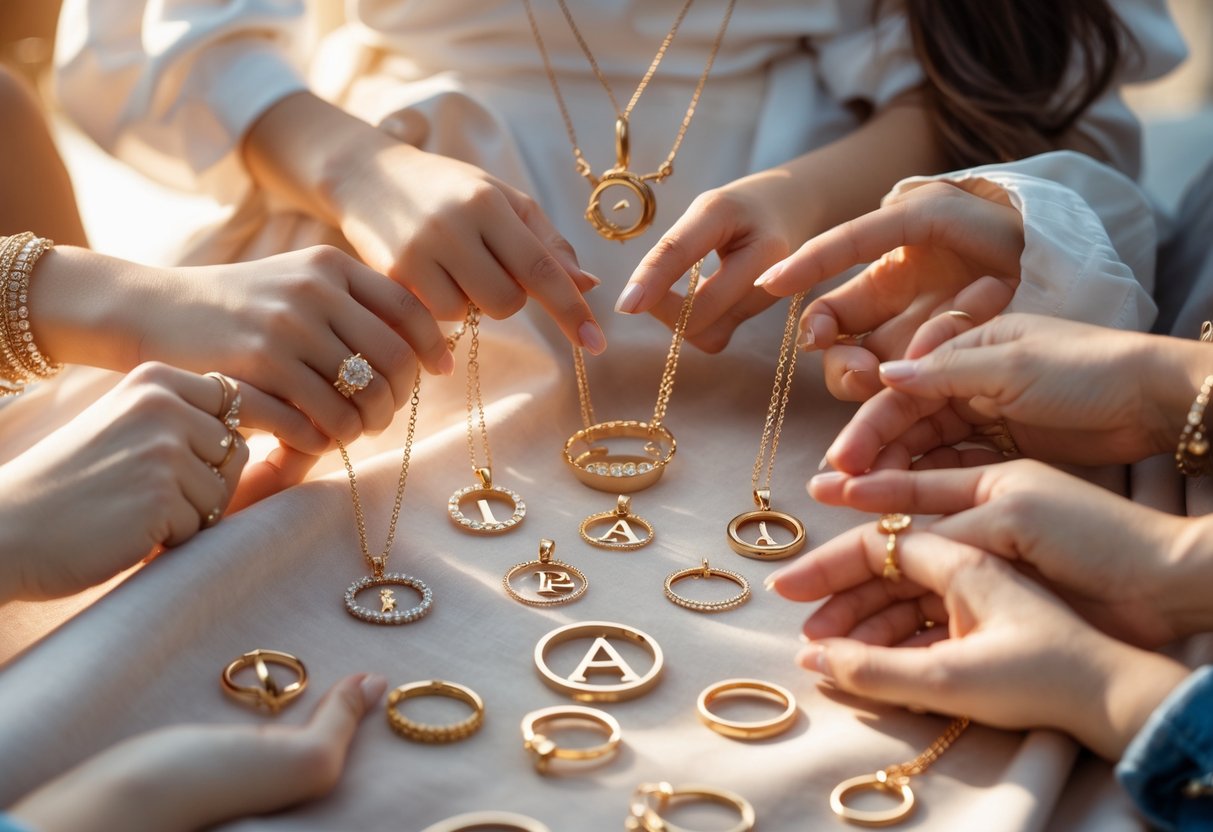 Close-up of diverse hands holding and examining initial jewelry pieces arranged on a soft surface.