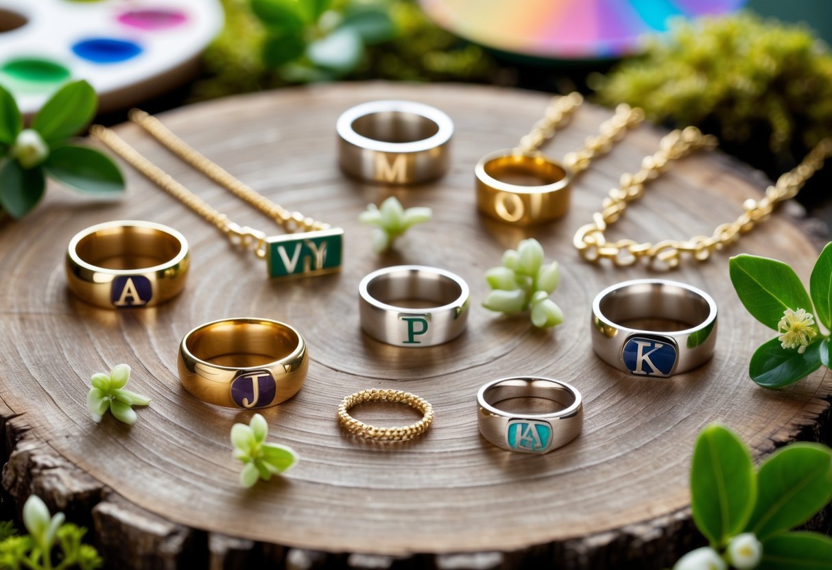 A variety of initial jewelry pieces displayed on a wooden surface with green leaves and flowers around them, with blurred art supplies in the background.