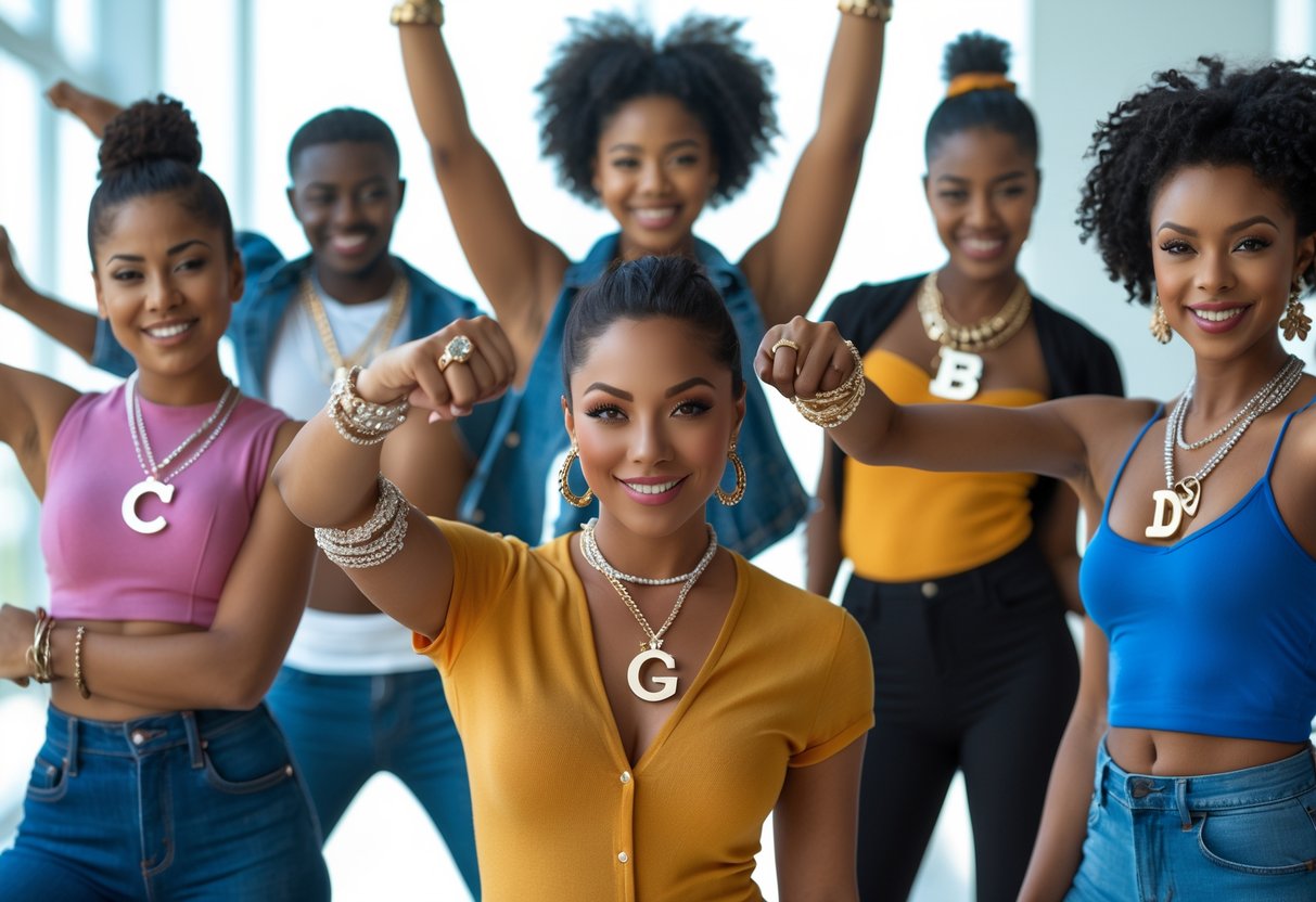 A group of diverse people wearing different styles of initial jewelry, posing confidently and expressing individuality.