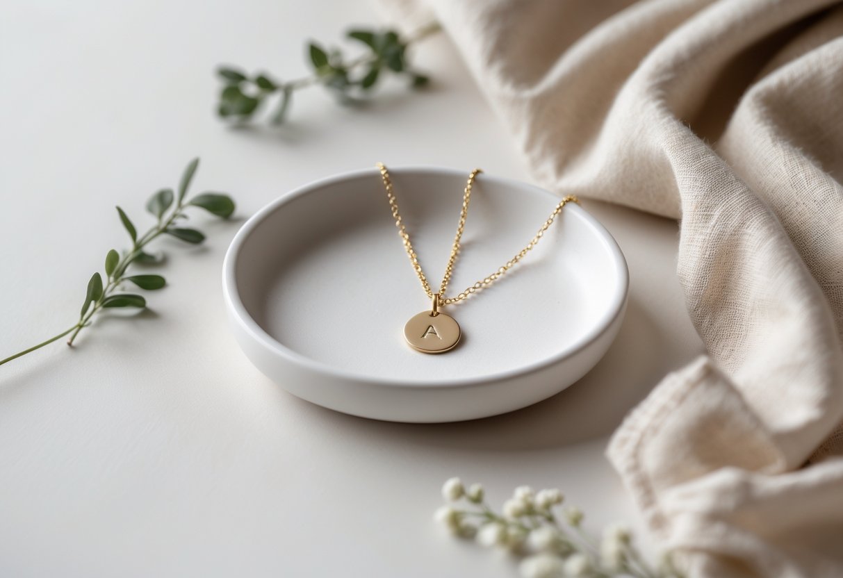 A delicate gold initial necklace on a white ceramic dish with greenery and a beige cloth in the background.
