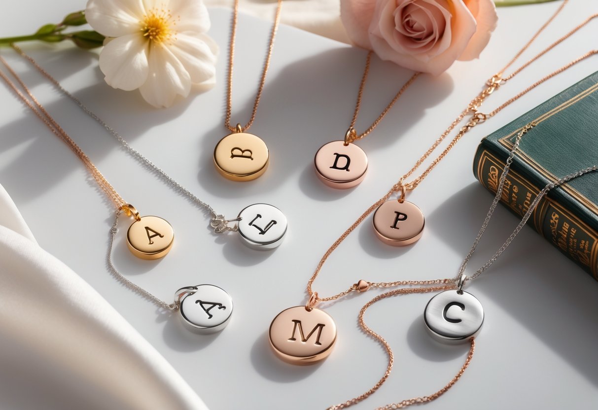 A display of initial jewelry pieces made from gold, silver, and rose gold with different finishes, arranged with small props representing various personality styles.
