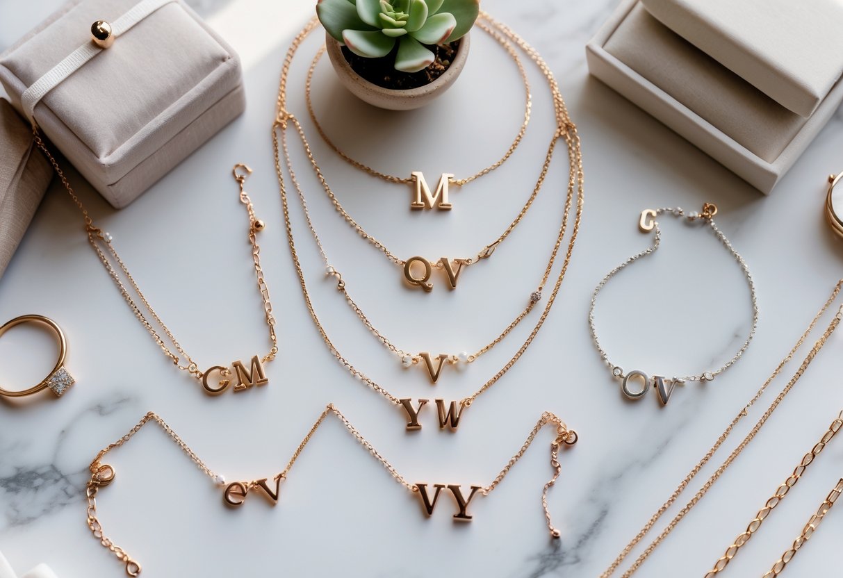 A flat lay of various initial jewelry pieces including necklaces, bracelets, and rings arranged with a jewelry box, a small plant, and a watch on a white marble surface.