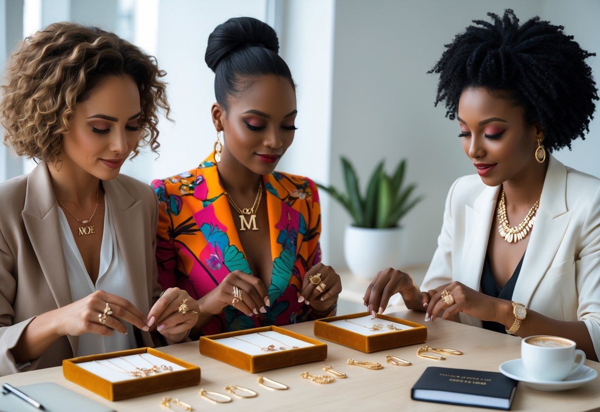 Three women sitting around a table examining initial jewelry pieces displayed on trays in a bright room.