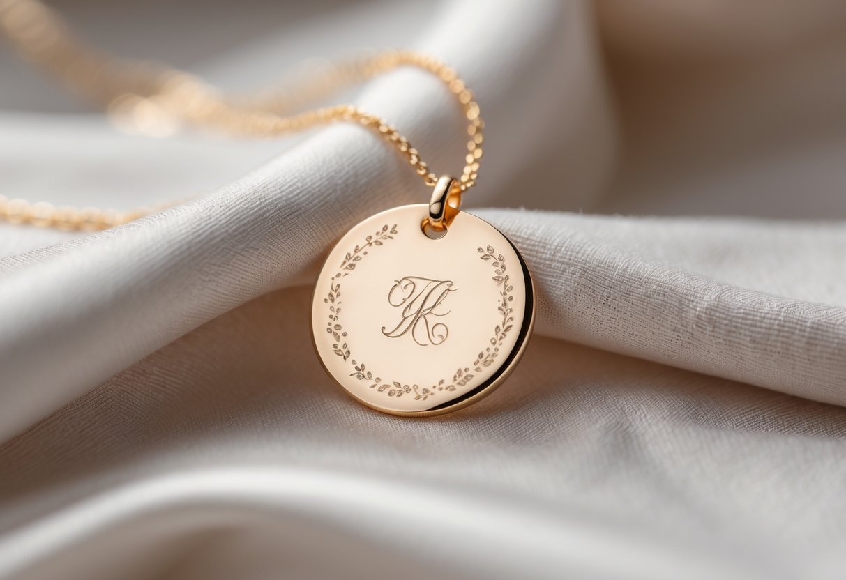 Close-up of a delicate engraved disc pendant necklace resting on soft fabric.