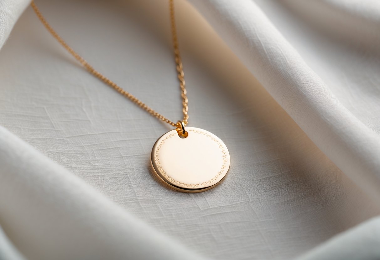Close-up of a delicate necklace with a round engraved disc pendant resting on a neutral fabric background.