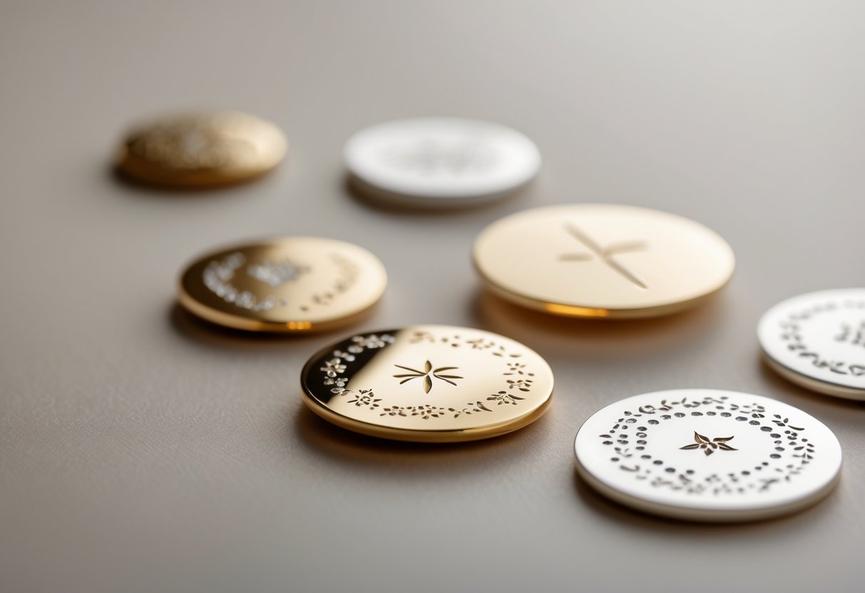 Close-up of several engraved metal discs used as minimalist jewelry, displayed on a neutral background.