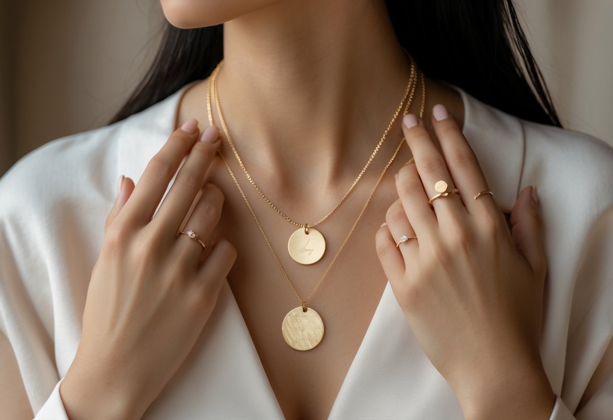 Close-up of a person's hands and neck wearing delicate engraved disc necklaces and rings.