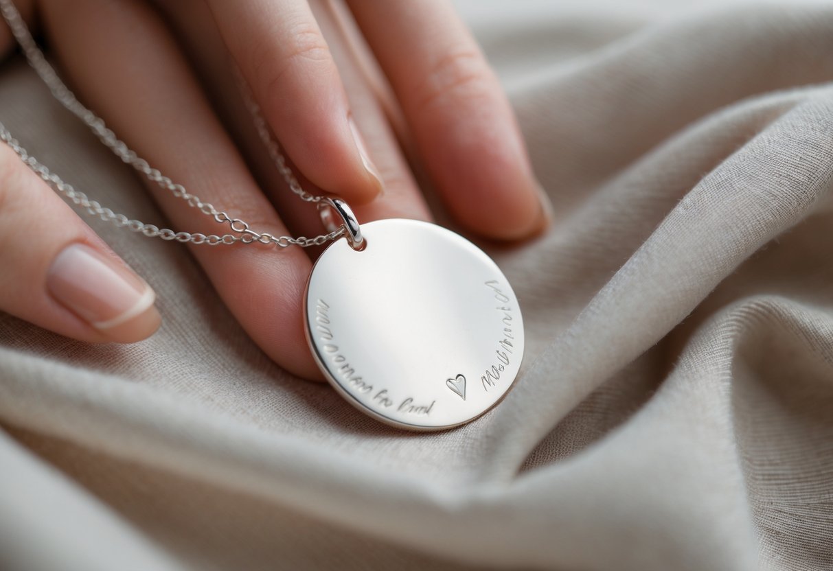 Close-up of a polished engraved disc pendant necklace resting on fabric with hands gently holding it.