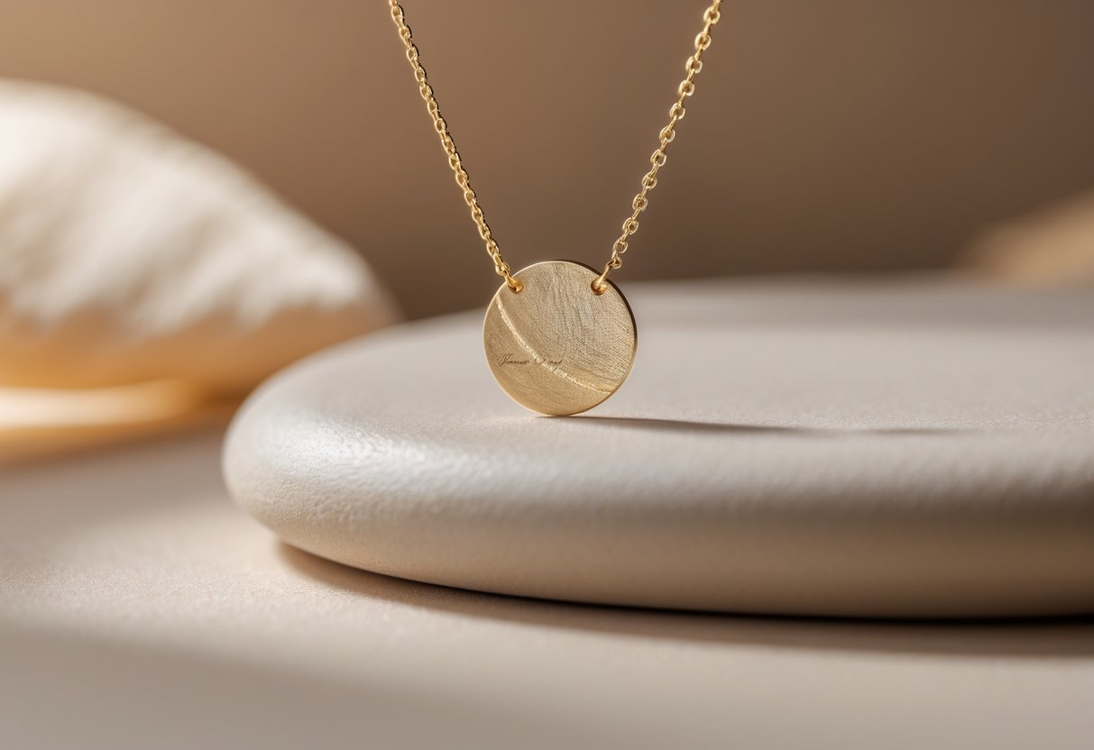 Close-up of a delicate engraved disc necklace resting on a smooth surface.
