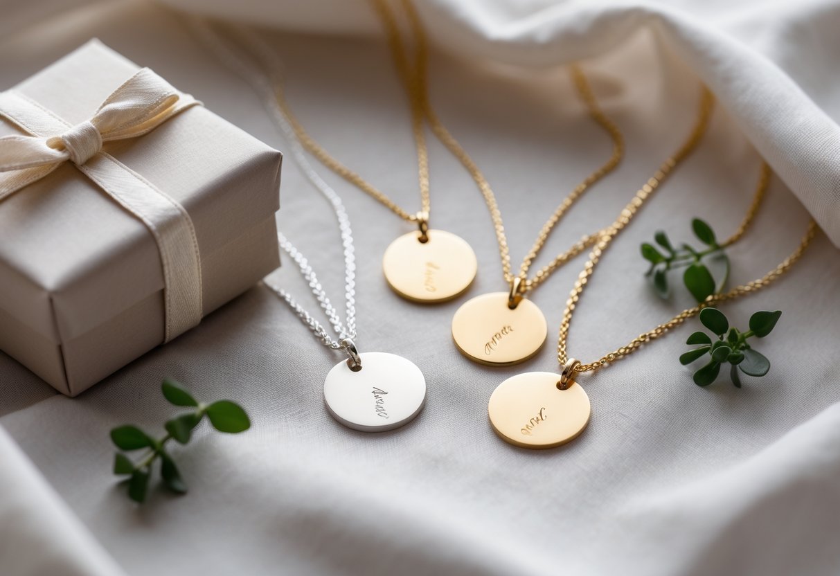 Close-up of engraved disc necklaces displayed with a gift box, ribbon, and greenery on a soft fabric background.
