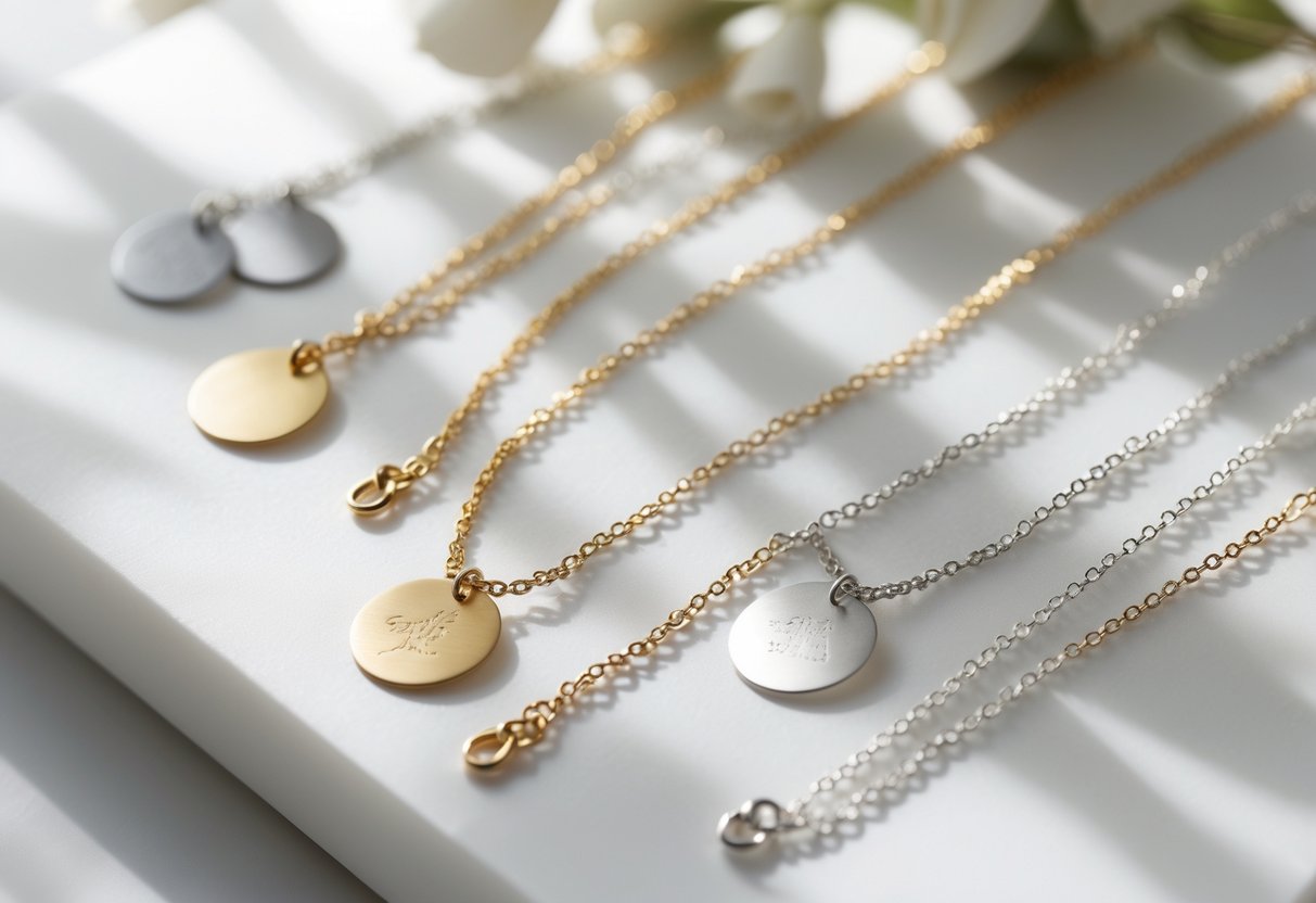 Close-up of minimalist engraved disc necklaces and bracelets displayed on a white surface.