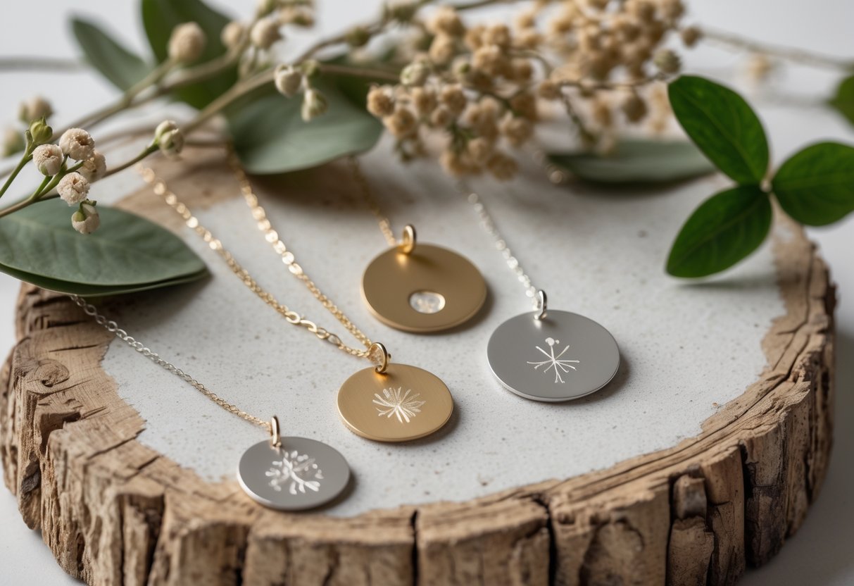 Close-up of minimalist engraved disc jewelry displayed on a natural surface with dried flowers and green leaves.