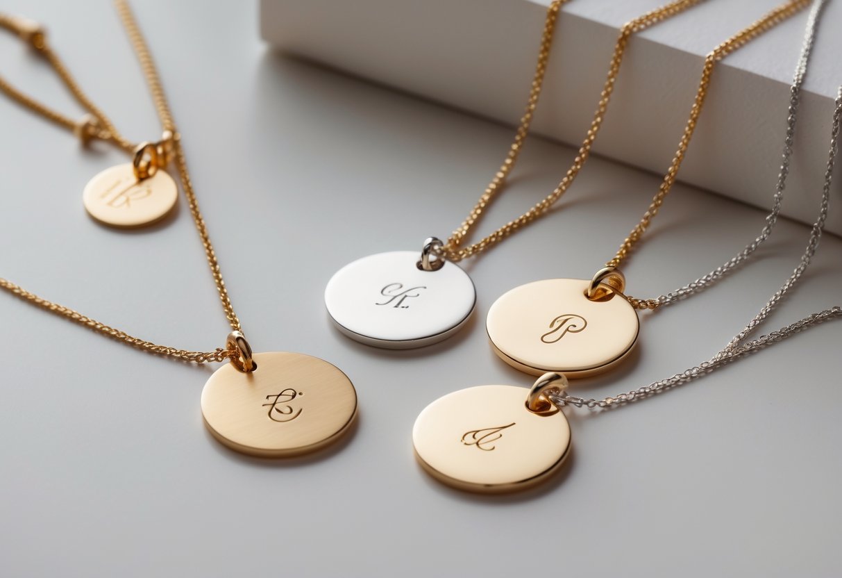 Close-up of minimalist engraved disc necklaces arranged on a neutral background.