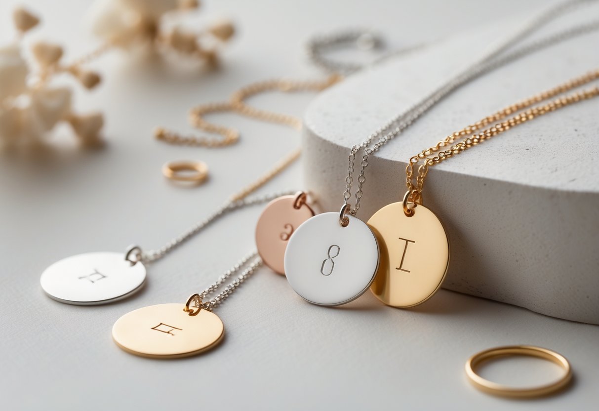 Close-up of minimalist engraved disc jewelry pieces arranged on a neutral background with soft lighting.