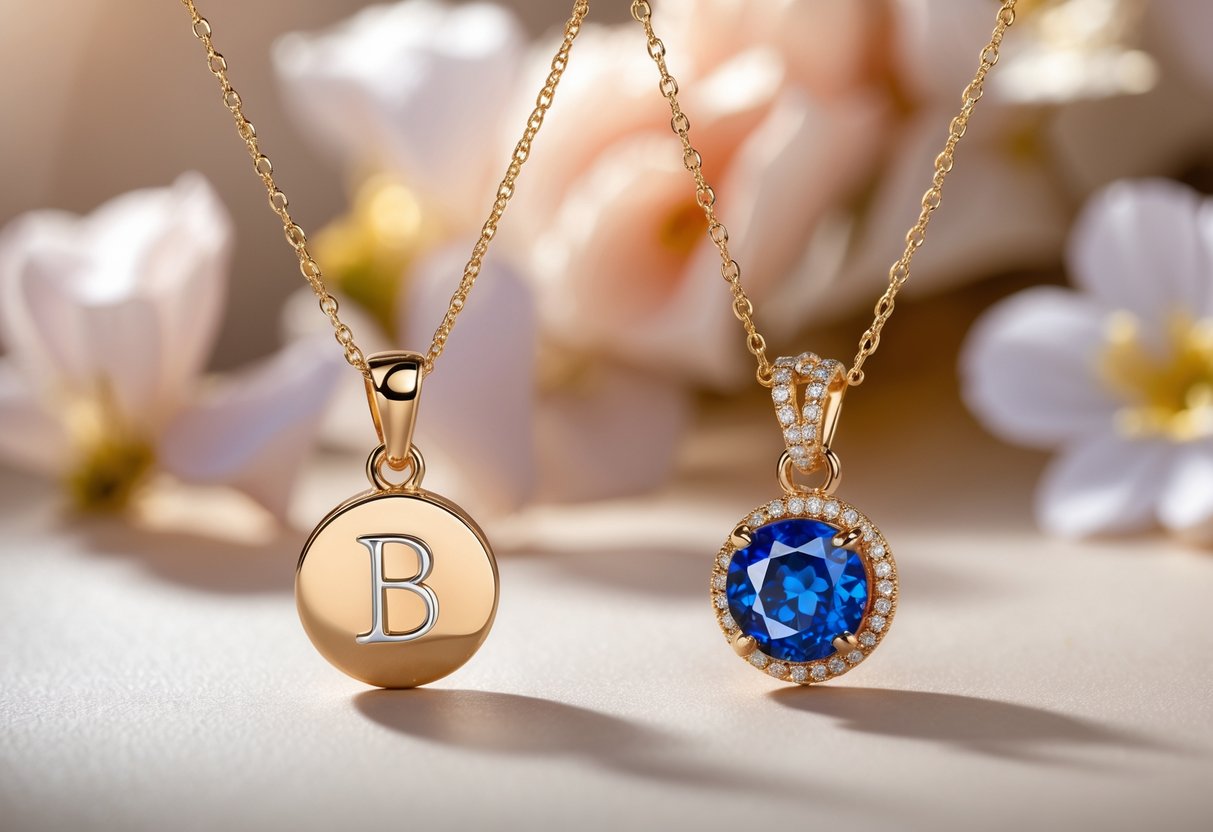Close-up of two gold necklaces displayed side by side, one with an initial pendant and the other with a colorful birthstone pendant, resting on a soft surface with floral elements in the background.