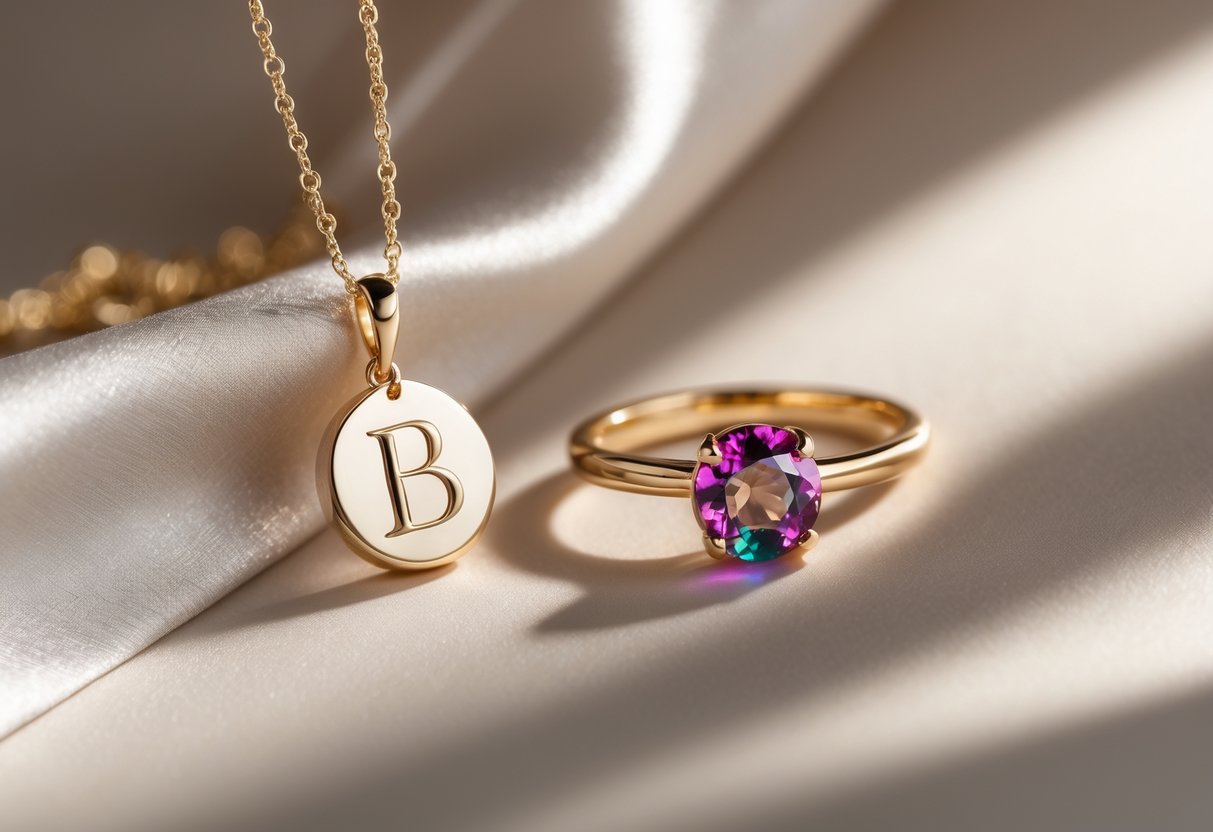Close-up of a gold initial necklace and a birthstone ring displayed side by side on a soft background.
