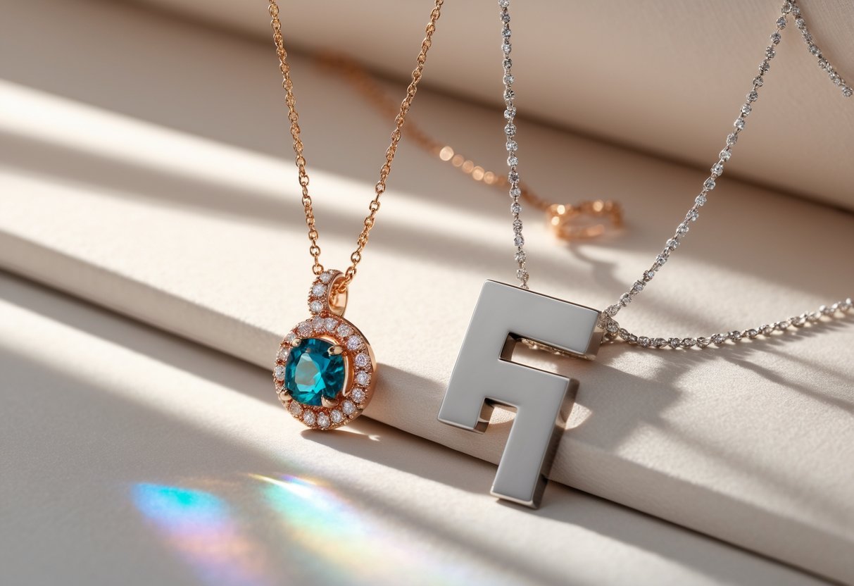Close-up of birthstone and initial necklaces displayed side by side on a soft background.