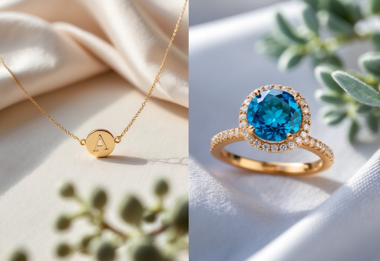 Two pieces of jewelry side by side: a gold initial necklace and a colorful birthstone ring displayed on a neutral background.