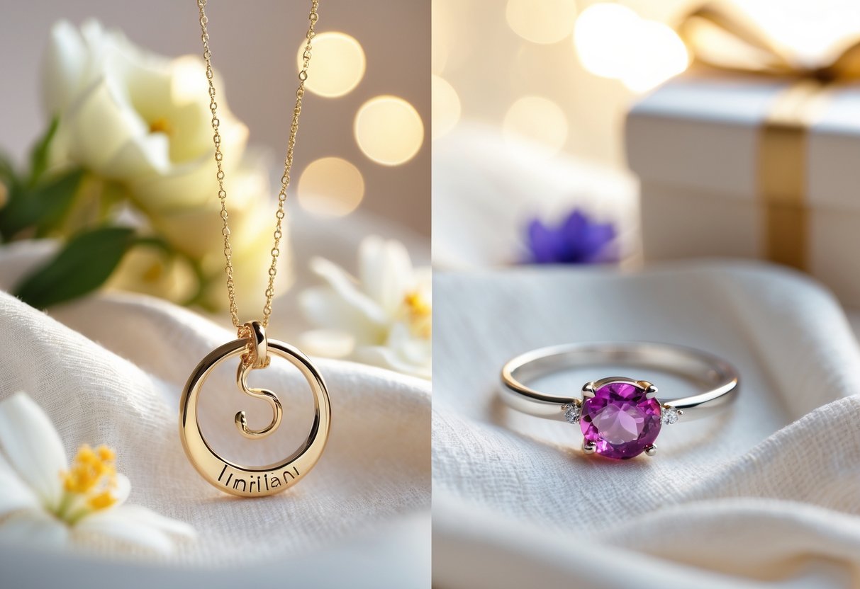 Close-up of a gold initial necklace and a silver birthstone ring displayed on soft fabric with flowers and a gift box nearby.