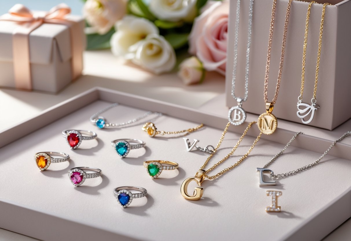 A display of birthstone jewelry and initial jewelry pieces arranged on a surface with flowers and a gift box nearby.