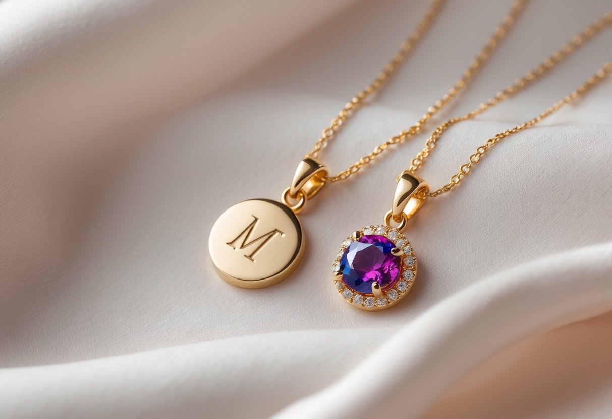 Close-up of two gold necklaces, one with an initial pendant and the other with a colorful birthstone pendant, displayed on soft fabric.
