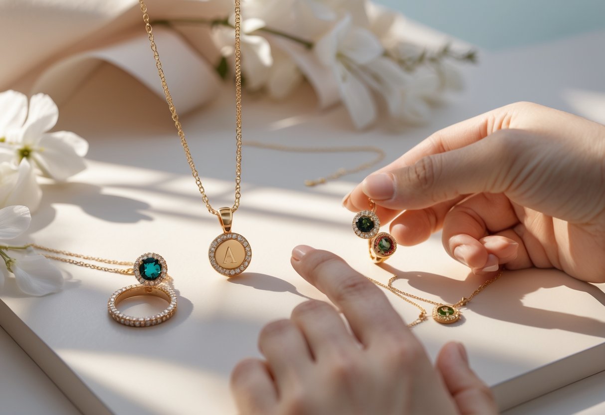 Close-up of hands displaying initial pendants and birthstone rings arranged on a neutral surface with soft natural lighting.