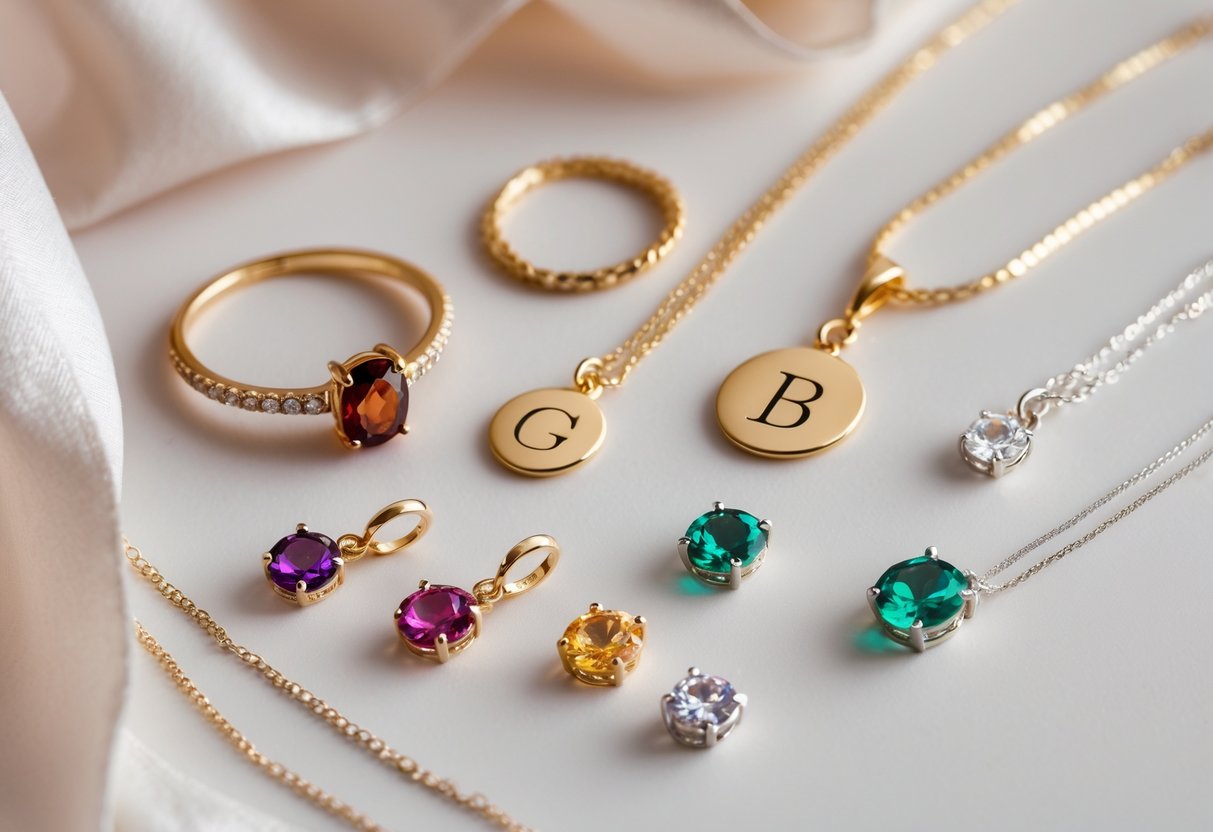 Close-up of birthstone and initial jewelry pieces including rings and necklaces displayed on a soft background.