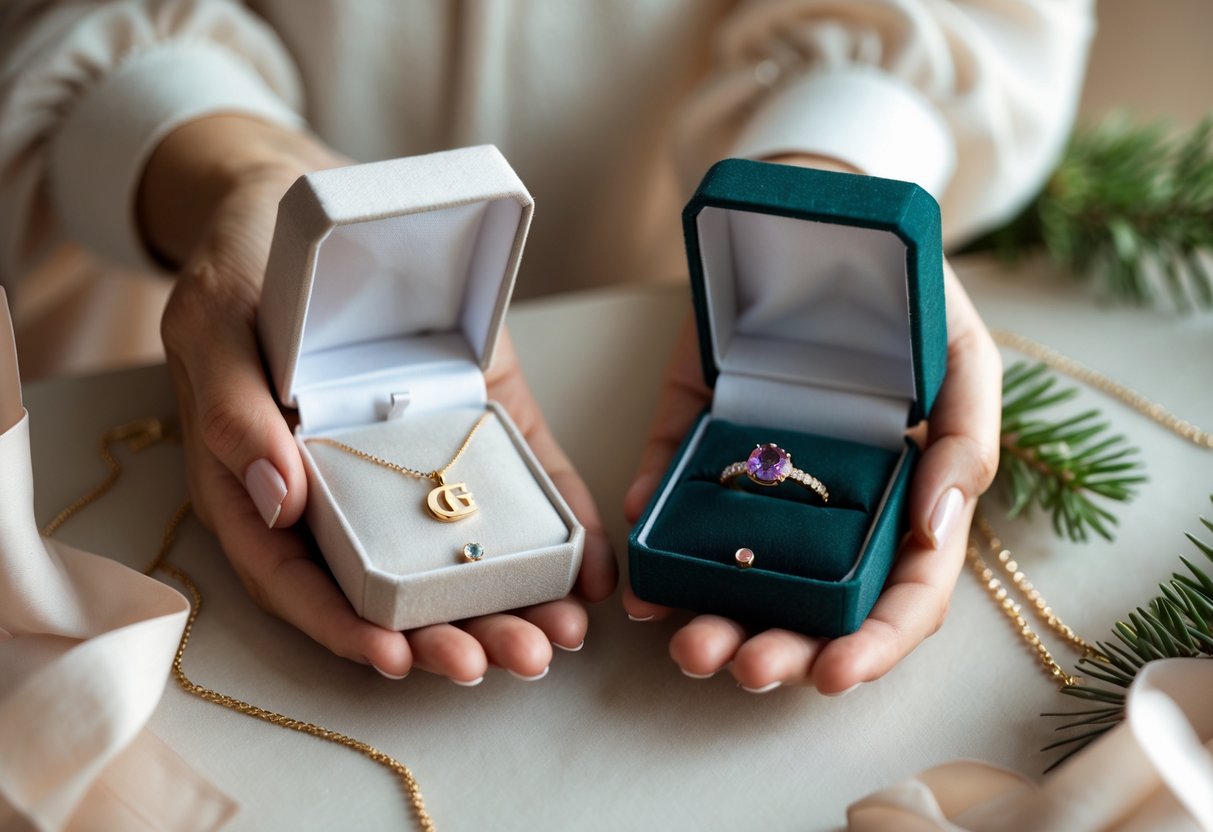Two hands holding open jewelry boxes showing an initial necklace and a birthstone ring side by side.