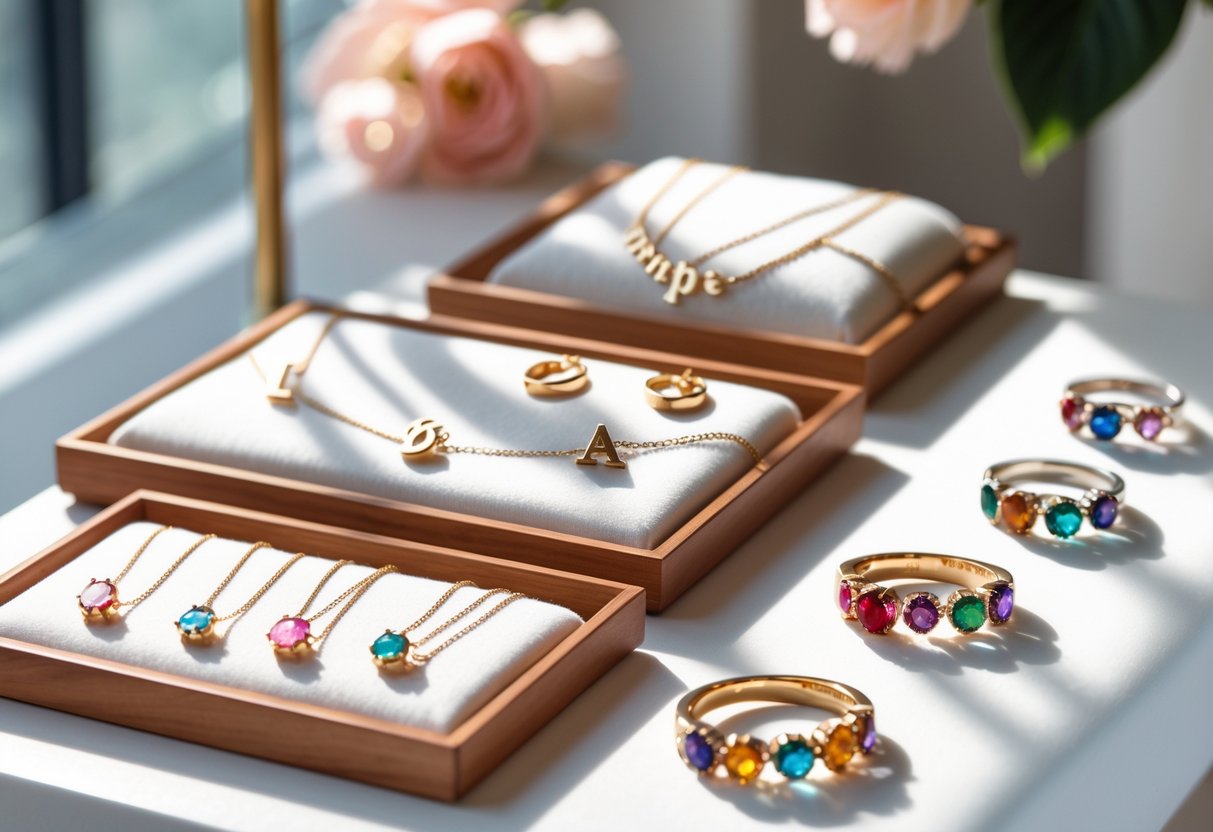A display of initial necklaces and colorful birthstone rings and bracelets arranged on velvet pads and wooden trays.
