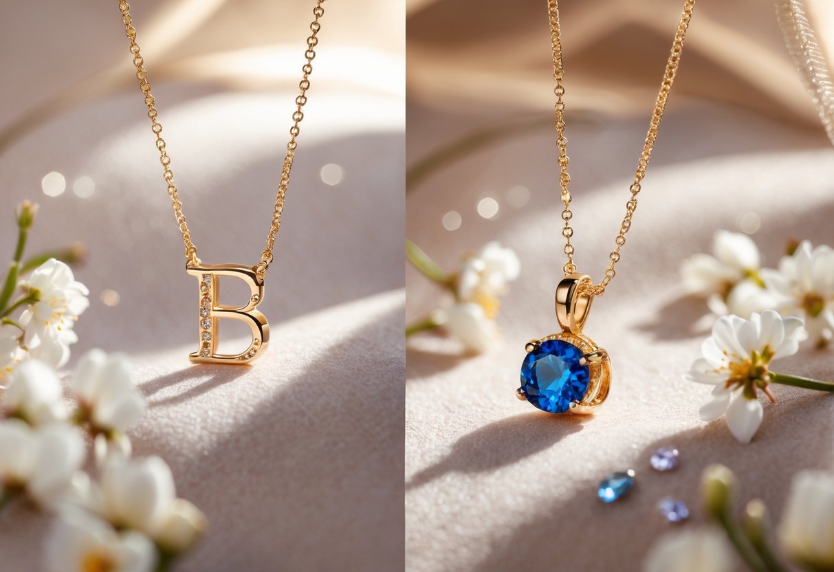 Two gold necklaces displayed side by side on a soft surface, one with an initial pendant and the other with a blue birthstone pendant, surrounded by small white flowers.